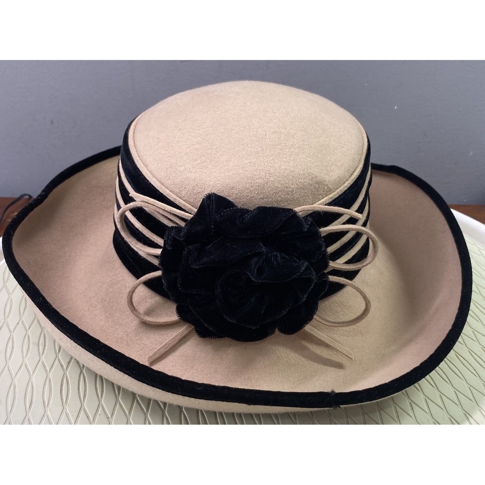 Deborah NY Vintage Beige/Black 100% Wool Structured Derby Horse Race Church Hat